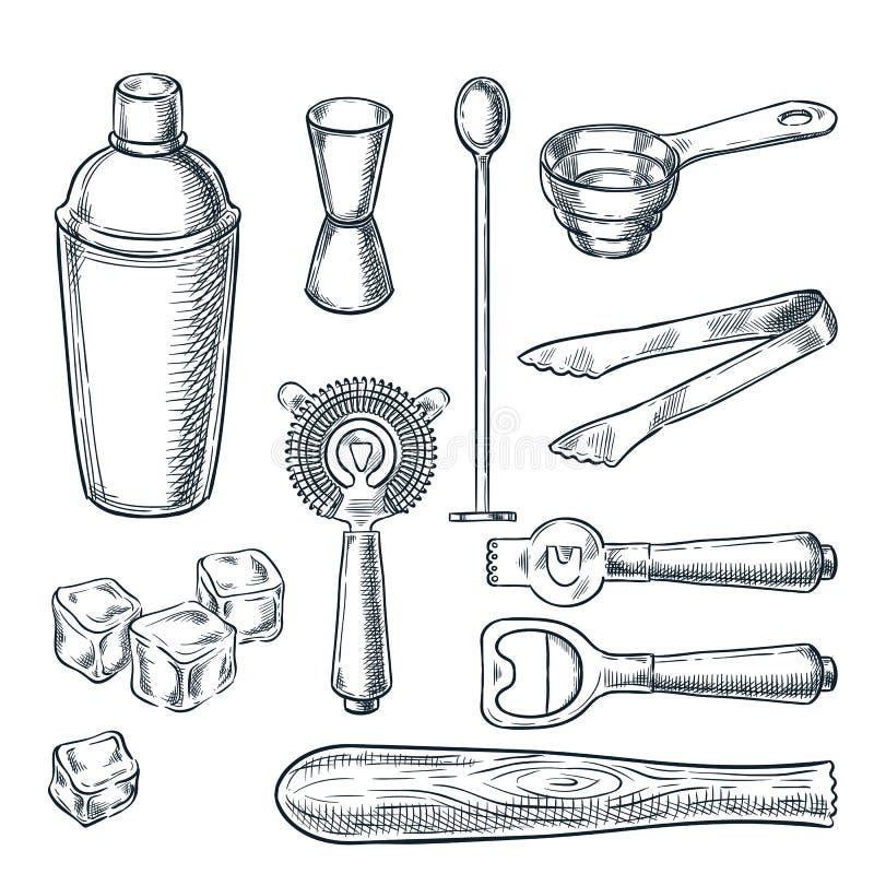Cocktailbarwerkzeuge und Ausrüstungsskizzenillustration Handgezogene Ikonen und -Gestaltungselemente für Barmixerarbeit