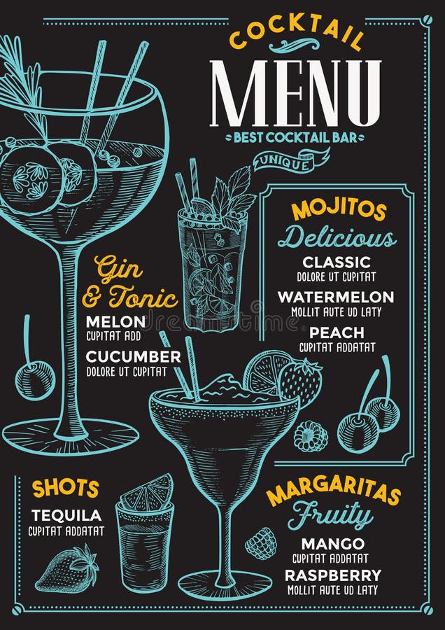 Cocktail bar menu. Vector drinks flyer for restaurant and cafe. Design template with vintage hand-drawn illustrations. Cocktail bar menu. Vector drinks flyer for restaurant and cafe. Design template with vintage hand-drawn illustrations.