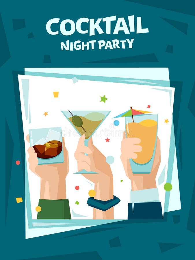 Cocktailpartyplakat Alkoholisches Cocktail trinkt Glas in der Handsommerstrandfesteinladungsplakat-Vektorschablone vektor abbildung Cocktailpartyplakat Alkoholisches Cocktail trinkt Glas in der Handsommerstrandfesteinladungsplakat-Vektorschablone vektor abbildung