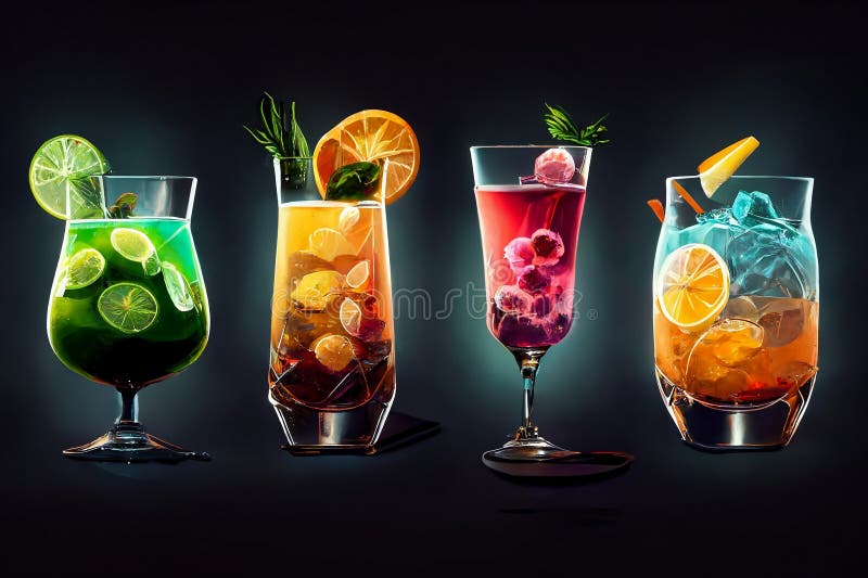 Cocktails and Alcoholic Drinks. AI Generated Stock Illustration