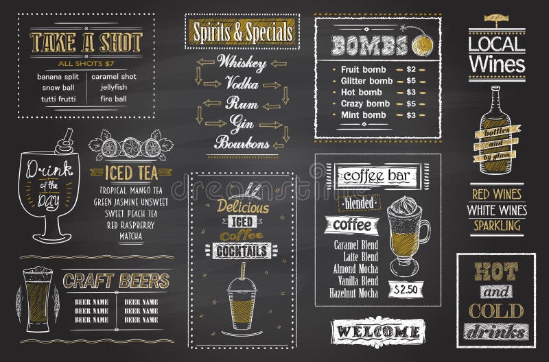 Cocktails Menu Chalkboard Set, Hand Drawn Posters Stock ...