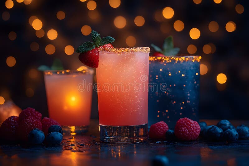 Cocktailtrio für Feiertage mit Berries und Bokeh Lights für Event Design Generative AI lizenzfreie abbildung
