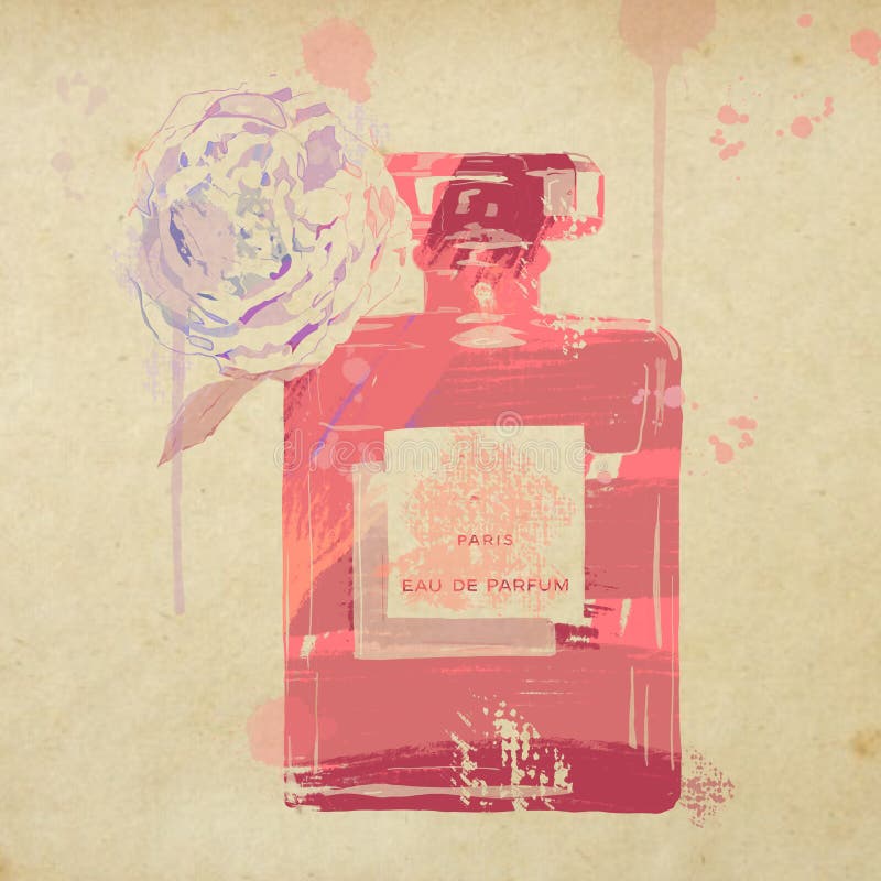 Coco chanel no 5 perfume illustration painting with rose