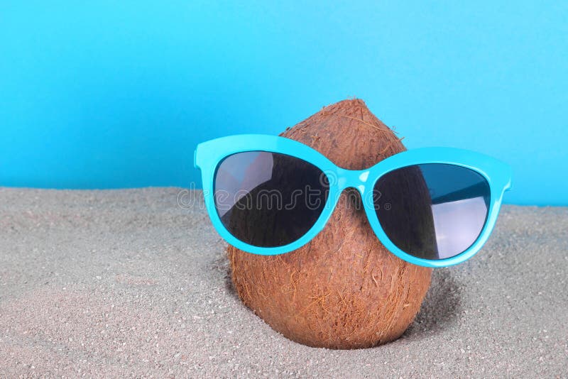 Coco nos óculos de sol na areia do mar imagem de stock Coco nos óculos de sol na areia do mar imagem de stock