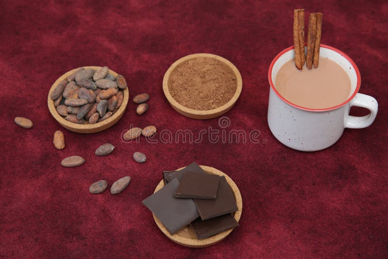 Cocoa mug with cacao beans, powder and chocolate on a red background with copy space for text. Background, pattern, card, menu royalty free stock image Cocoa mug with cacao beans, powder and chocolate on a red background with copy space for text. Background, pattern, card, menu royalty free stock image