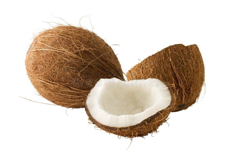 Celku a rozbité kokos na bielom pozadí.