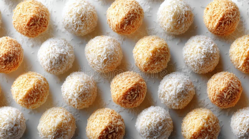 Coconut Balls Arranged in an Eye-Catching Triangle Pattern With a Bright, High-Key Background Showcasing Delicious royalty free stock photo