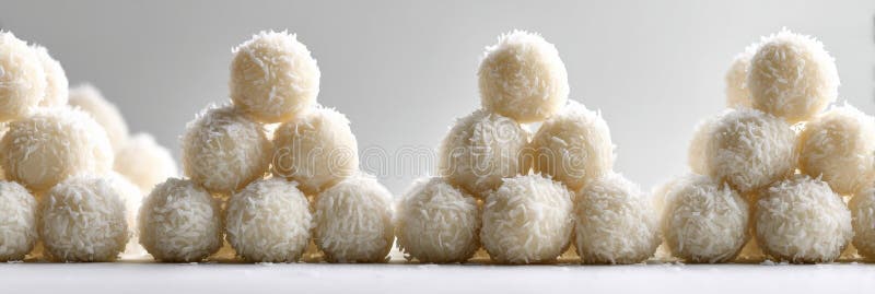 Coconut Balls Arranged in a Triangle Pattern Create a Visually Appealing Display in a Bright, Minimal Setting During royalty free stock photos
