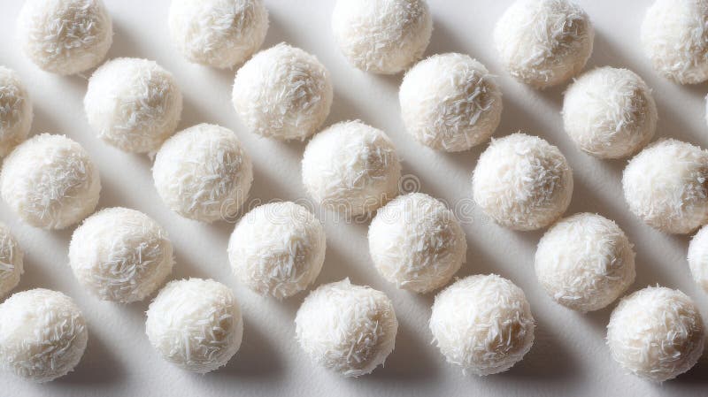 Coconut Balls Arranged in a Triangle Pattern on a Bright Surface Showcasing Their Texture and Clarity royalty free stock photography
