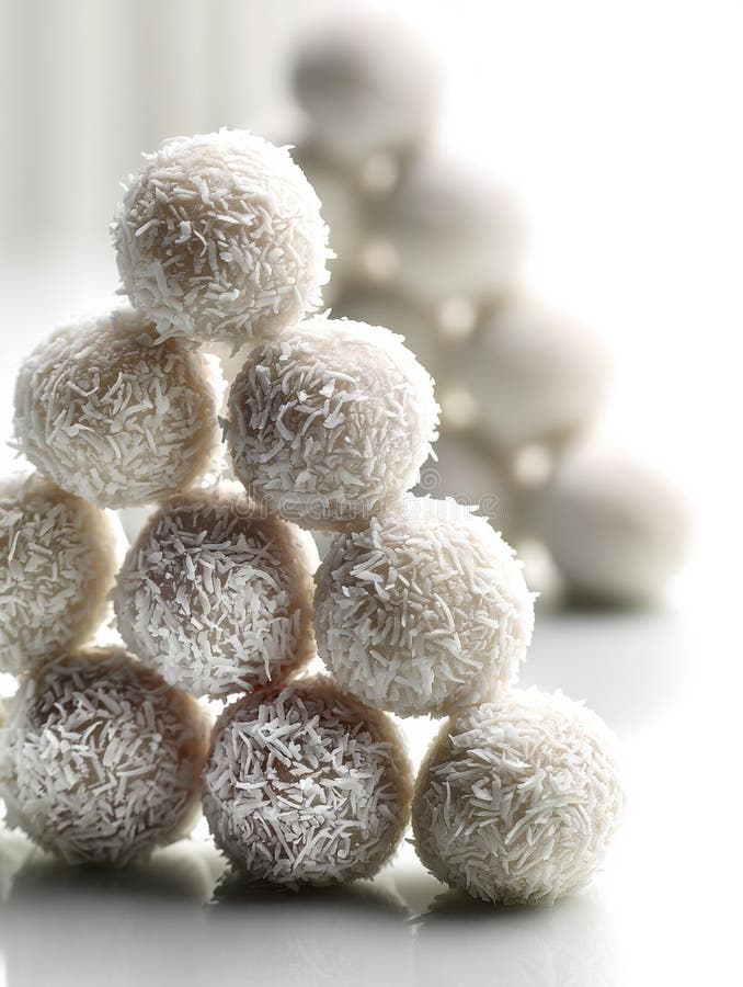 Coconut Balls Arranged in a Visually Appealing Triangle Pattern on a Bright Surface Providing a Creative Dessert Display stock photo