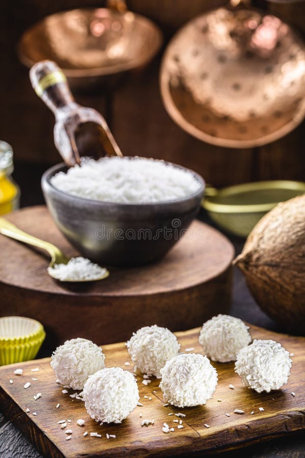 Coconut Balls, Coconut Candy with Ingredients in the Background, Rustic