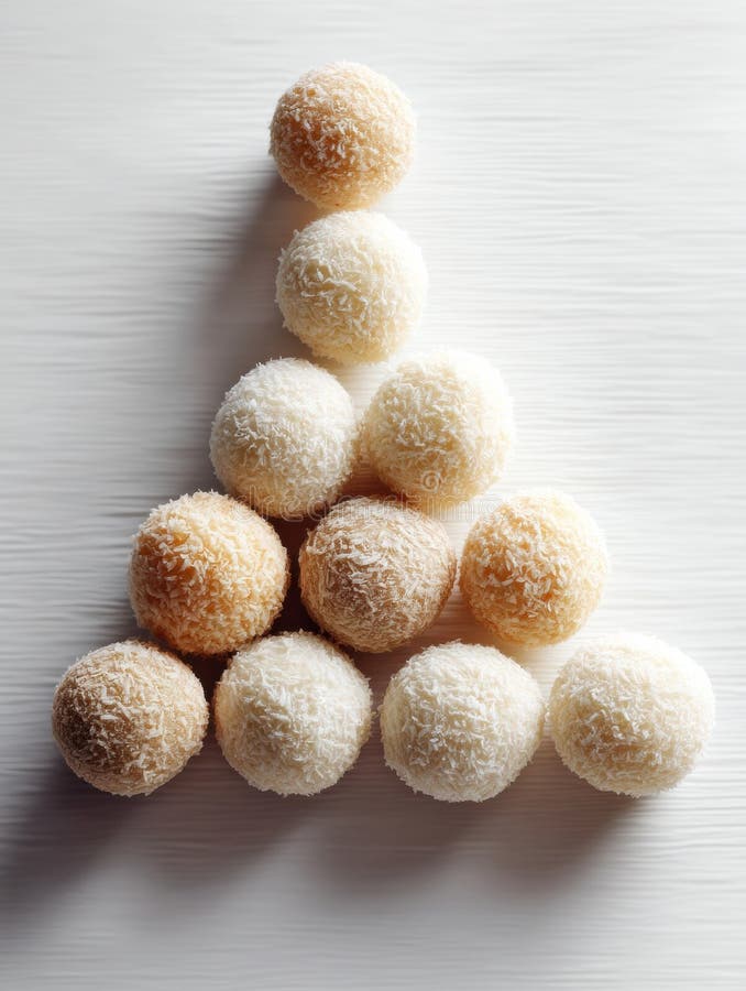 Coconut Balls Arranged in a Triangle Pattern on a Light Background Showcasing Delicious Treats for Dessert Lovers stock photo