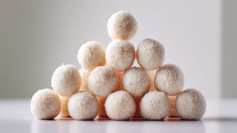 Coconut Balls Arranged in a Triangle on a Light Background Showcasing Their Texture and Shape royalty free stock image
