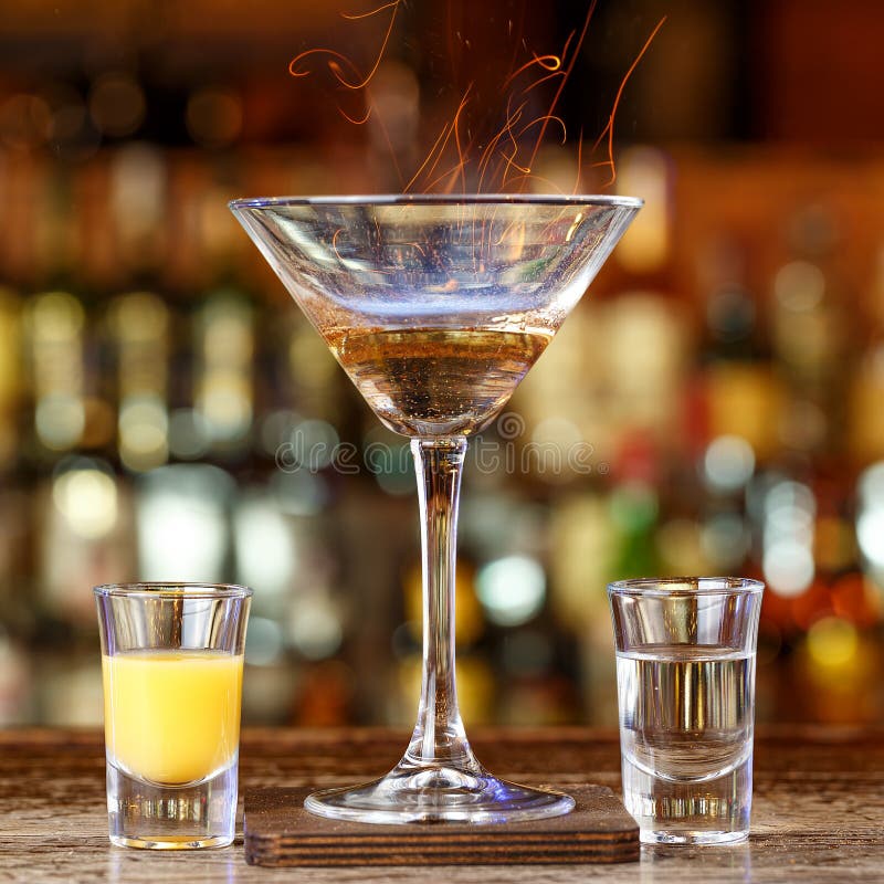 Coconut Cocktail with Rum in the Bar. Drinks with Fire, Club Party Stock Photo Image of glass