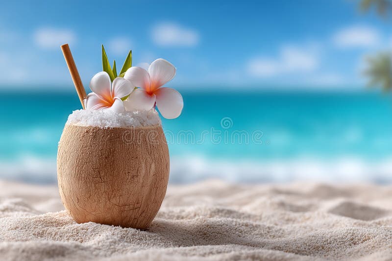 Coconut drink adorned with flowers rests in soft sand under bright sun. Serene beach setting with sparkling ocean waves