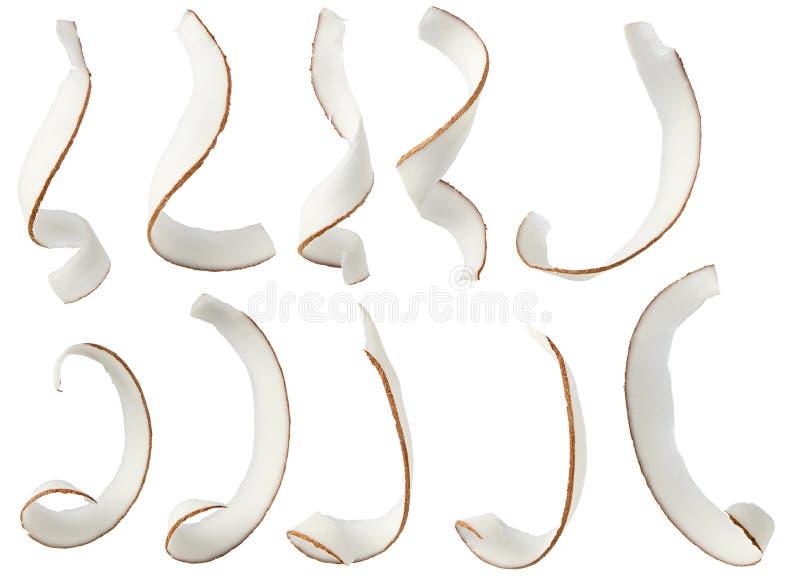 Coconut fruit spiral curl slices set isolated on white background stock images Coconut fruit spiral curl slices set isolated on white background stock images