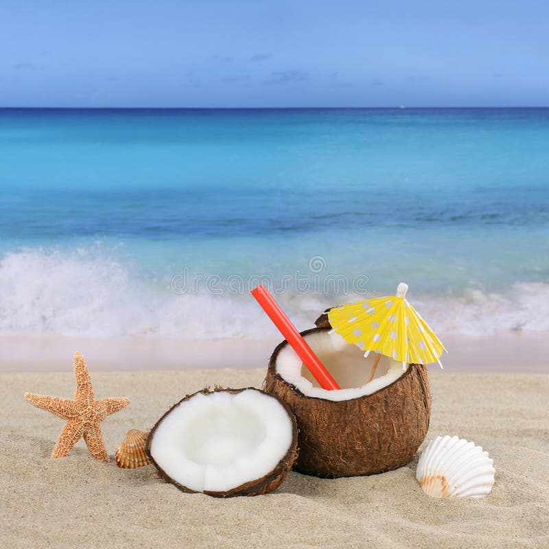 Coconut Fruits Cocktail Drink in Summer on the Beach Stock Image