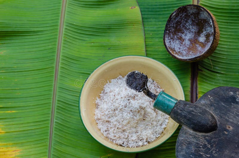 Close up of man hand grated coconut using an electric coconut grater in  Thailand Stock Photo