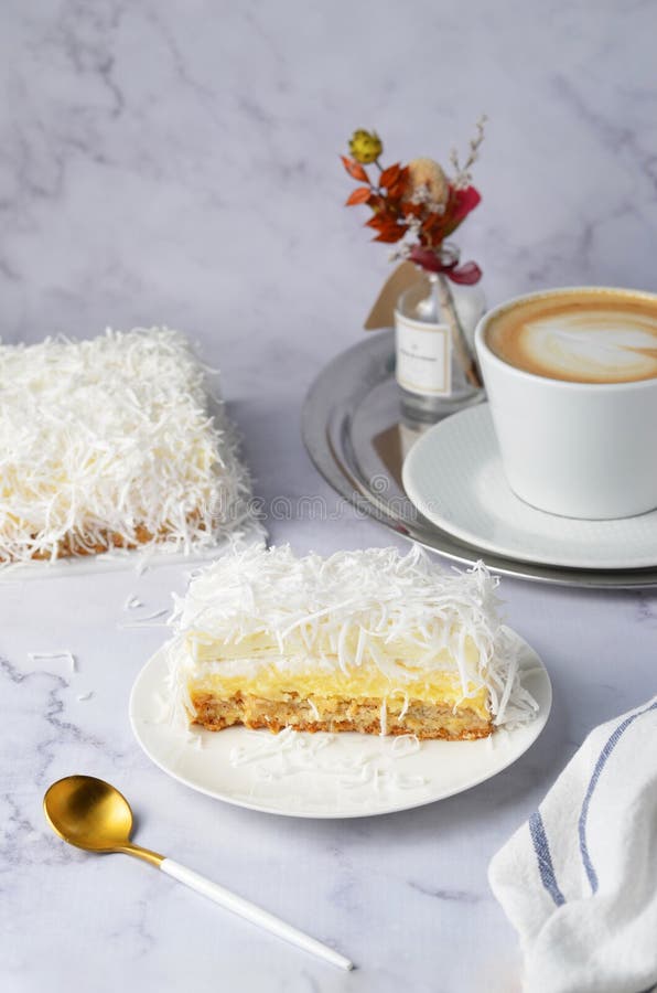 Coconut Layer Cake Slice, Tasty Pastry on a Plate Stock Image Image