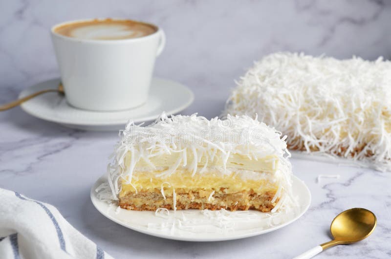 Coconut Layer Cake Slice, Tasty Pastry on a Plate Stock Image Image