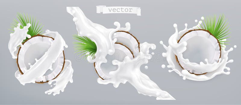Coconut and milk splash. 3d vector icon stock illustration