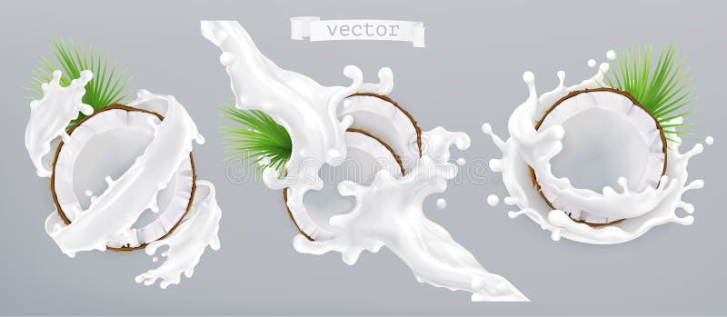 Coconut and milk splash. 3d vector icon