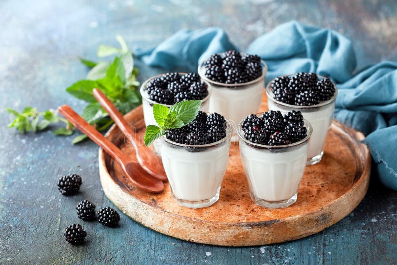 Coconut Panna Cotta with fresh blackberries in glass