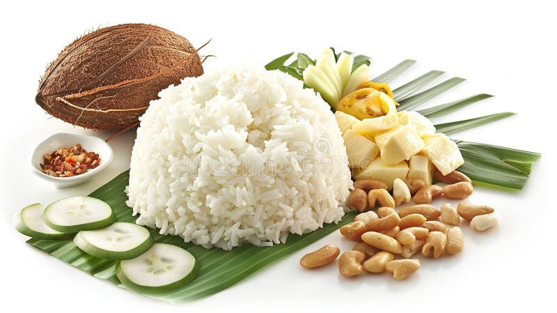Coconut Rice with Cashews, Cucumber, and Chili Paste stock illustration