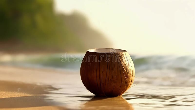 Coconut Shell Floating Gently in Shallow Ocean Water at Sunrise royalty free illustration