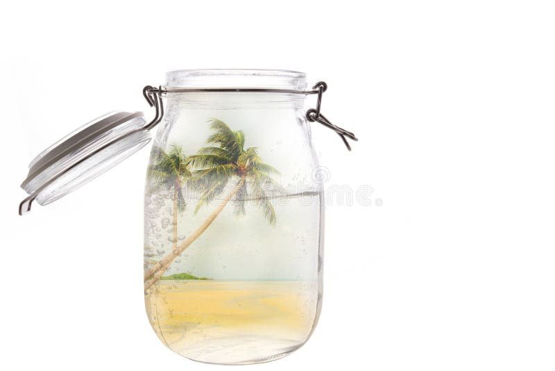 Coconut tree and beach double exposure with glasses bottle