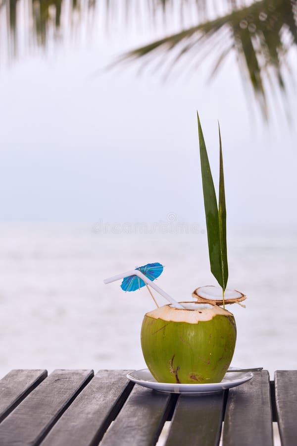 Coconut Water Drink Served in Coconut with Drinking Straw on the Stock Image Image of