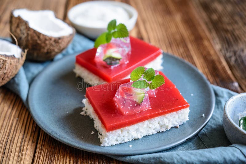 Coconut and Watermelon Gelatin Cake Bars Stock Image Image of puree