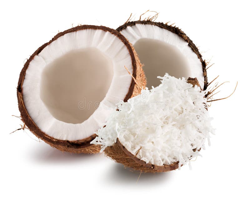 Coconuts with Coconut Flakes Isolated on a White Background Stock Image