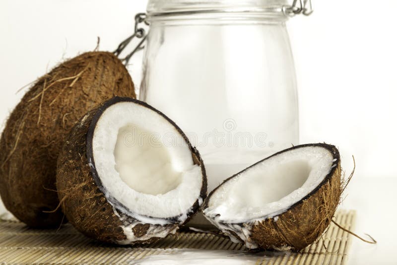 Coconuts with a Jar of Coconut Milk Stock Photo Image of exotic