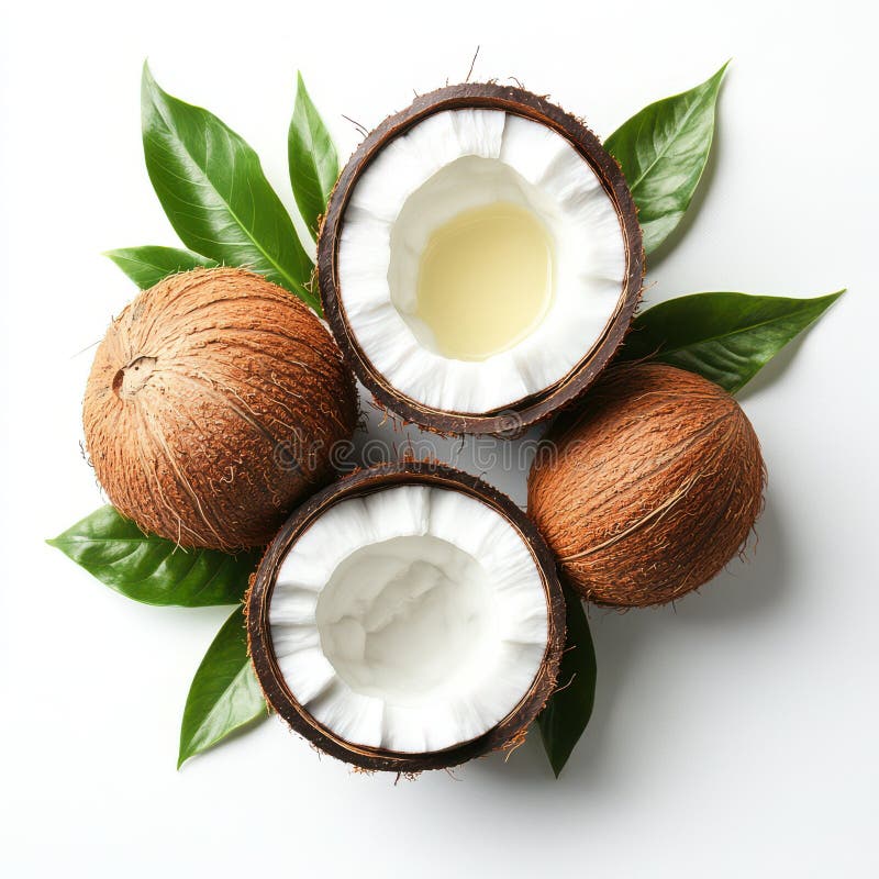 Cocos Frescos Aceite de Coco Hojas Tropicales Fondo Blanco libre illustration