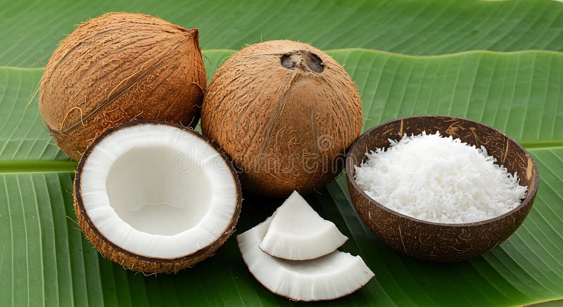Cocos frescos con coco triturado en hojas verdes de plátano stock de ilustración