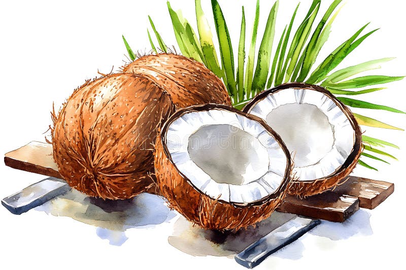 Cocos frescos con hojas de palmera Ilustración de color de agua stock de ilustración