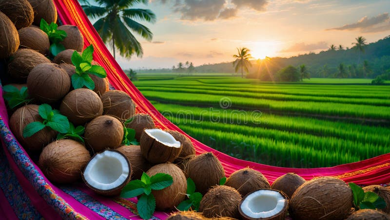 Cocos frescos en hamaca al atardecer sobre terrazas de arroz stock de ilustración
