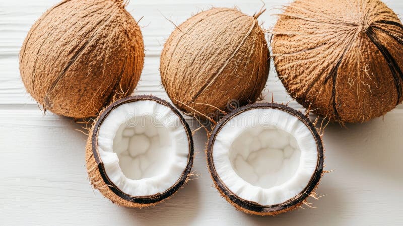 Cocos frescos en la vida blanca a tropical con una alimentación saludable y sabores deliciosos stock de ilustración