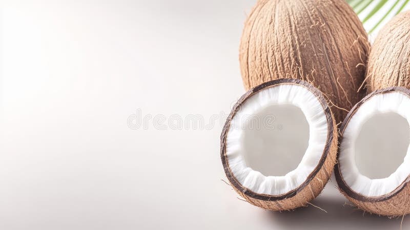 Cocos frescos a la mitad sobre fondo blanco Un destello tropical para proyectos de comida y diseño saludables ilustración del vector