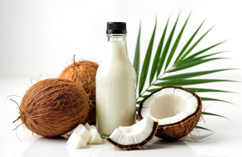 Cocos frescos mostrados en fondo blanco. los cocos abiertos revelan carne blanca. frasco de aceite de mct se sienta junto a los co ilustración del vector