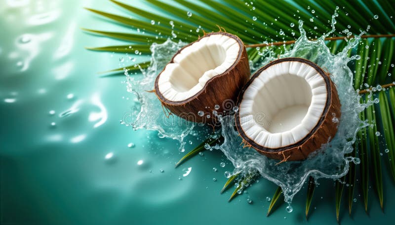 Cocos frescos salpicados en agua sobre el fondo de la tetilla con hojas de palma. concepto de hidratación de fruta tropical. bebid libre illustration