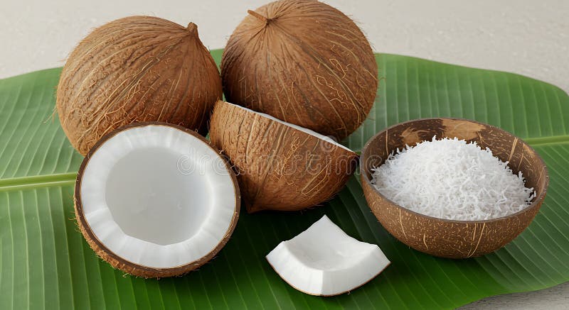 Cocos frescos sobre hojas verdes de plátano con coco triturado en tazón ilustración del vector