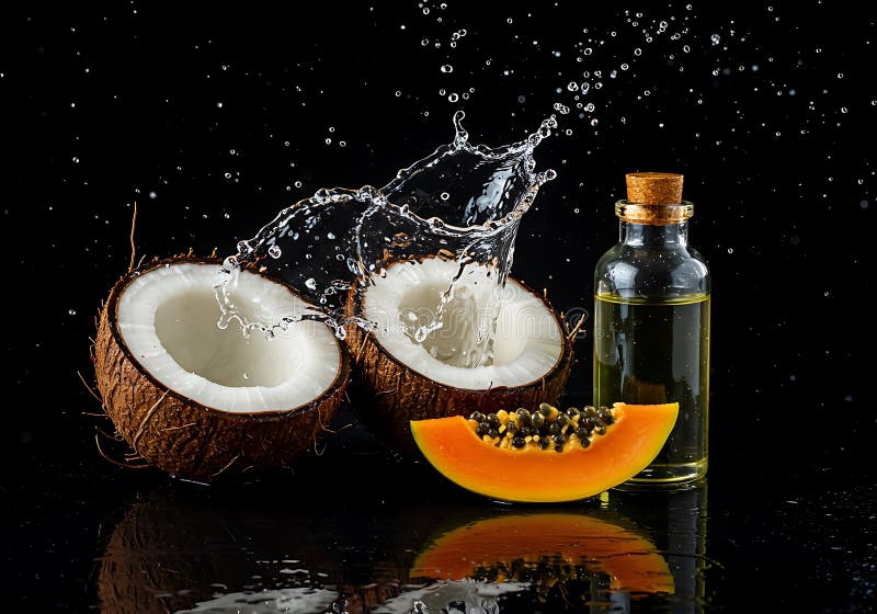 Cocoteros frescos con trozos de papaya salpicados de agua y una botella de aceite de coco orgánico sobre fondo negro ilustración del vector