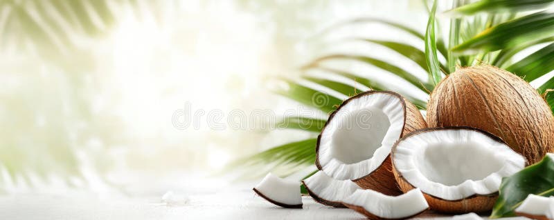 Cocoteros frescos enteros y cortados con hojas tropicales y espacio para copiar stock de ilustración