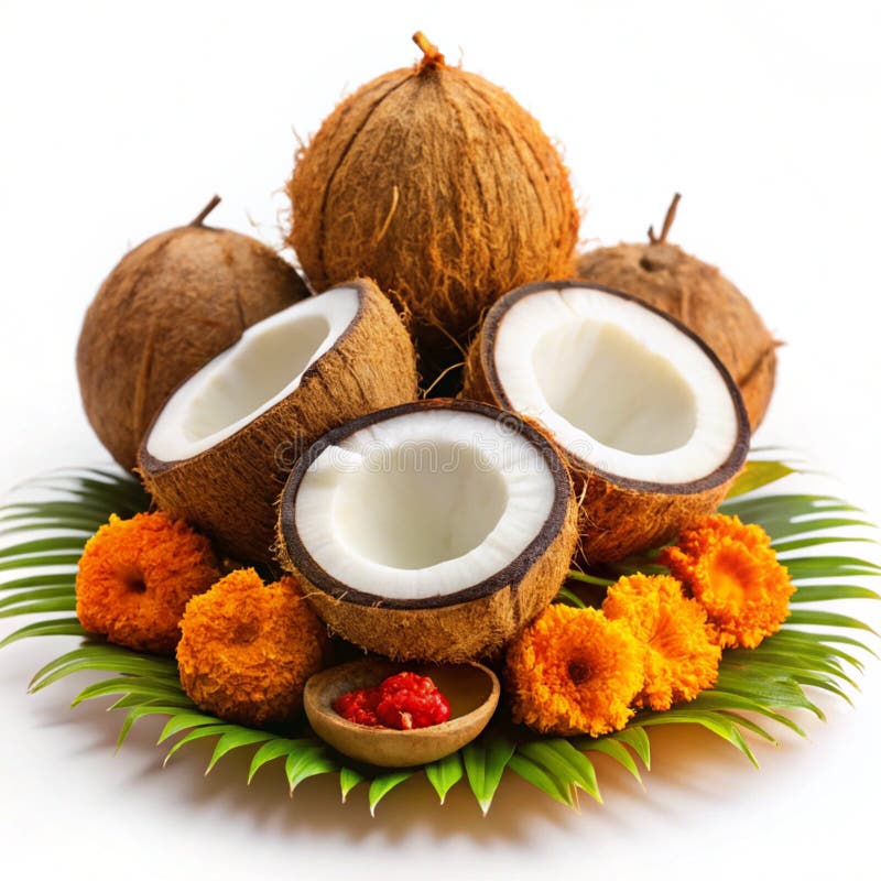 Cocoteros frescos para la pooja hindú aislados en fondo blanco ilustración del vector