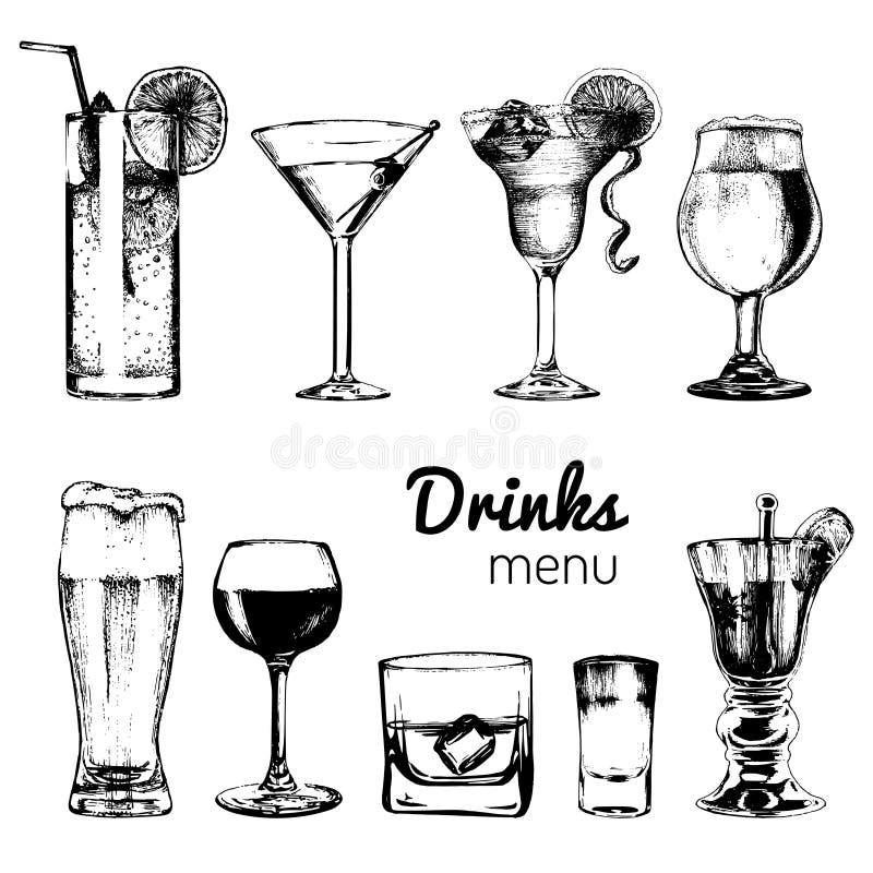 Coctailar, drinkar och exponeringsglas för stången, restaurang, kafémeny Hand dragen uppsättning för alkoholdryckvektorillustrati vektor illustrationer
