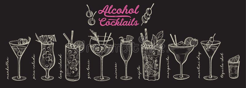 Coctailillustration, drinkar f? r alkohol f? r vektorhand utdragna royaltyfri illustrationer