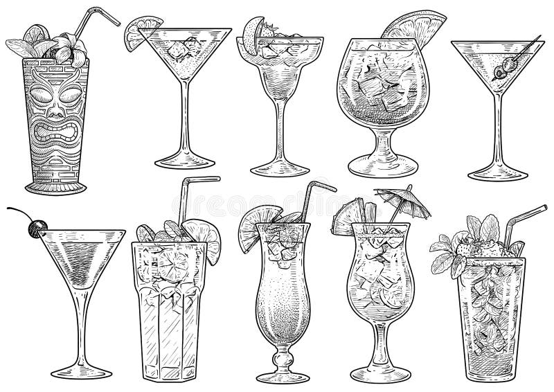 Coctailillustration, teckning, gravyr, färgpulver, linje konst, vektor vektor illustrationer