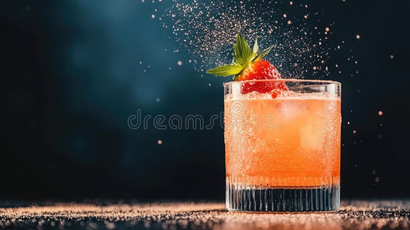 Cocteil de căpșuni reîmprospătat cu balsamuri de busuioc în sticlă elegantă stock photo